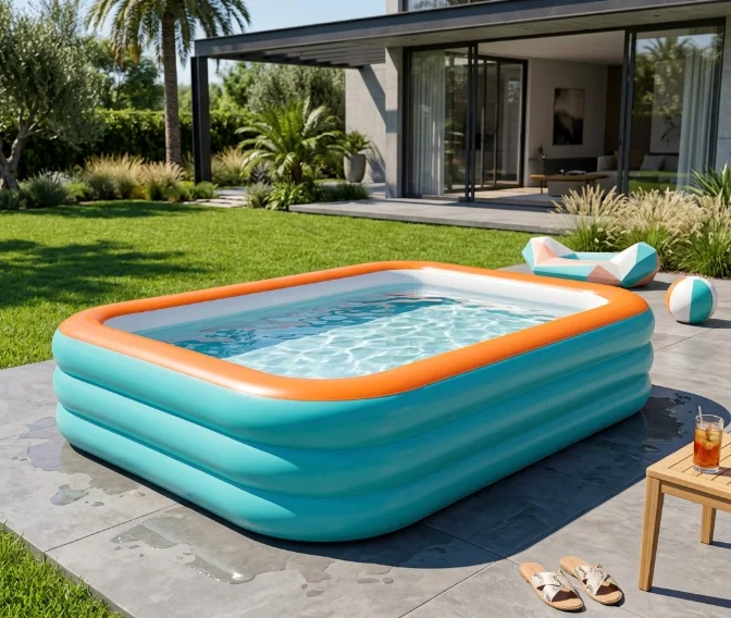 Piscine gonflable familiale sur une terrasse au bord du jardin
